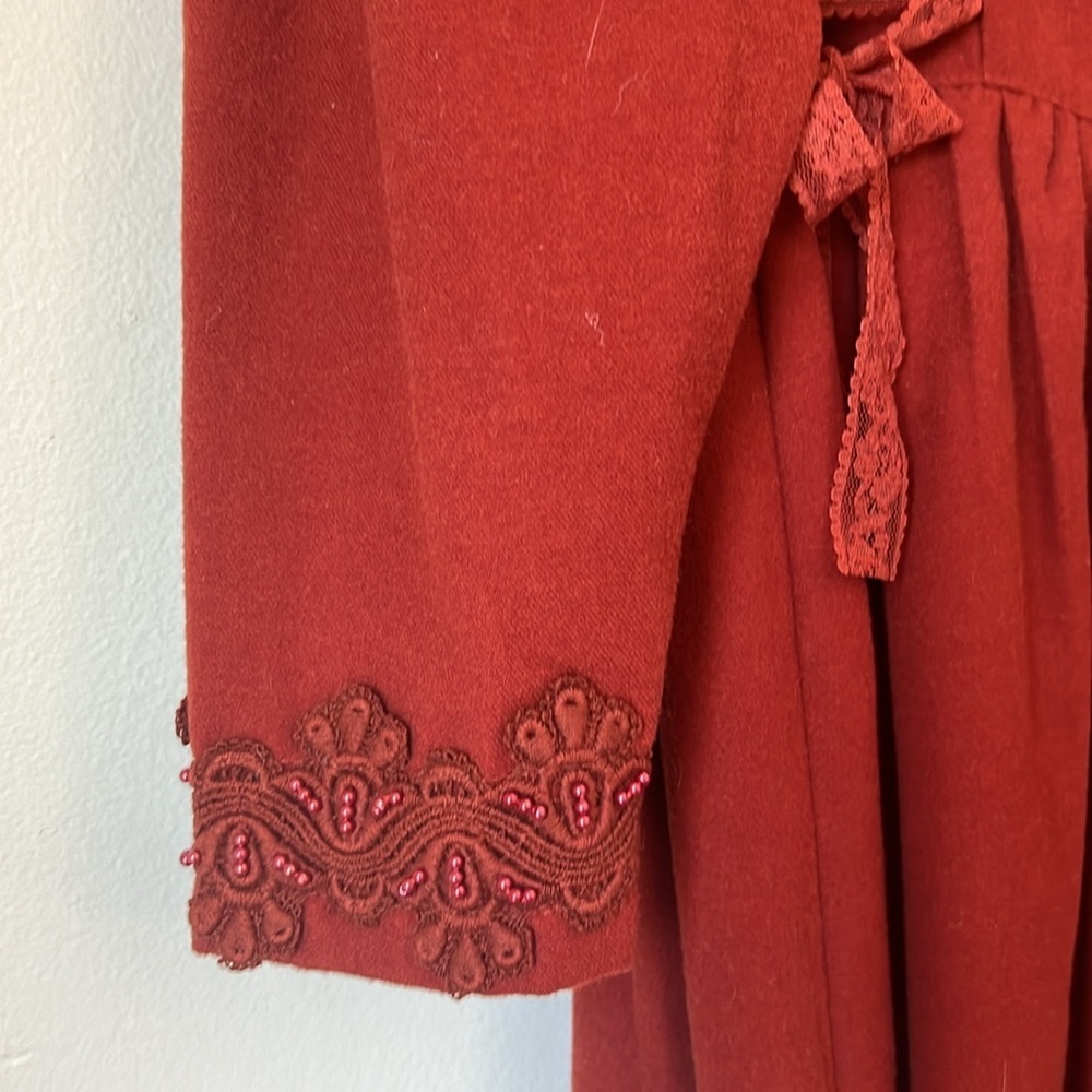 Vintage 1980's Bead Embroidered Wool Blend Midi Rust Orange Red Dress 2 - Picture 4 of 11